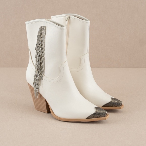 Rhinestone Fringe Western Boots with Etched Metal Toe - Oasis Society - Picture 2 of 8